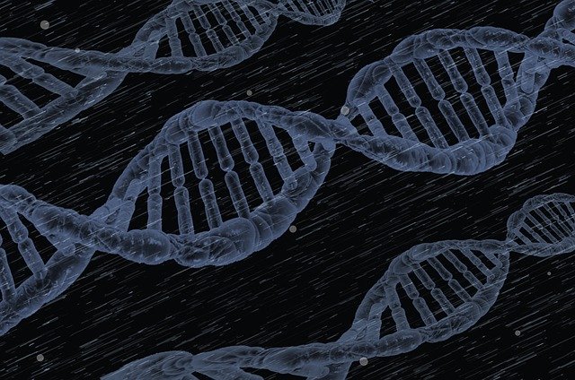 Blue strands of DNA on a black background